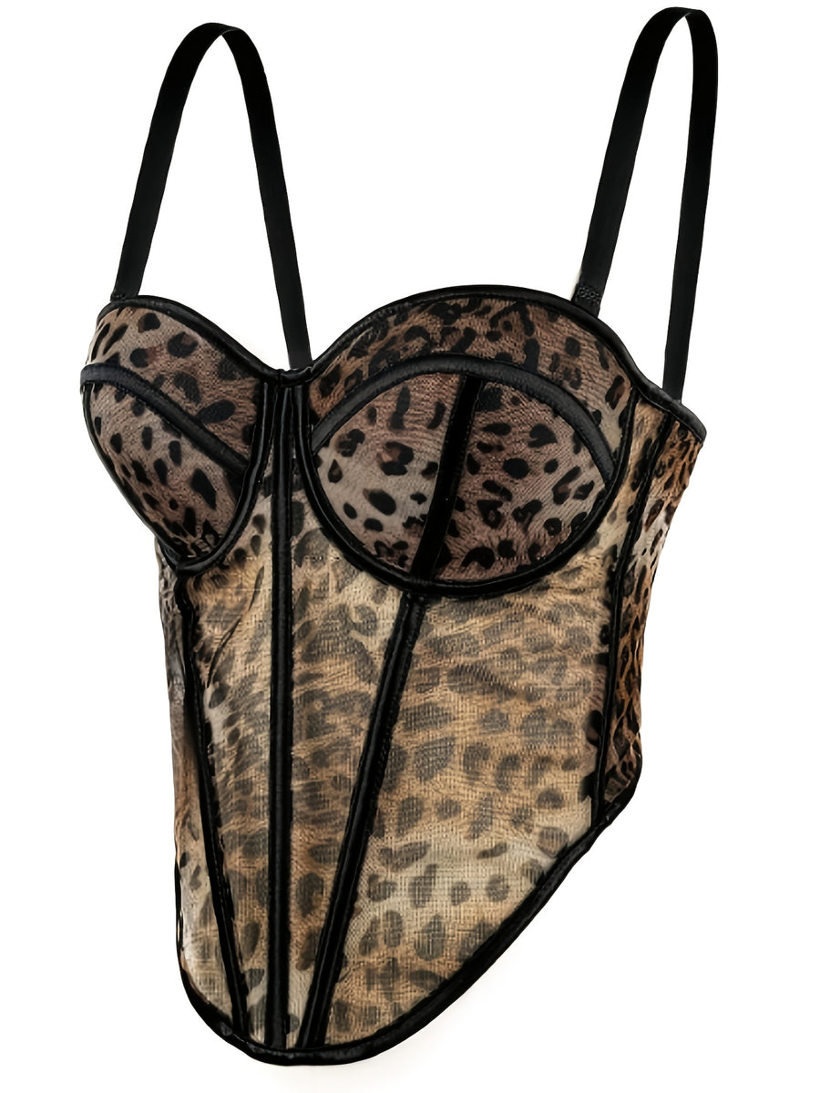 Elegant Directional Christmas Party Holiday Vest with Leopard Print Suspender Vest, Multifunctional Slim Fit Elegant Corset Sleeveless Slim Fit Vest, Women's Clothing - Coffee Brown