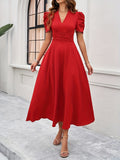 Solid V-Neck Elegant Dress - Red