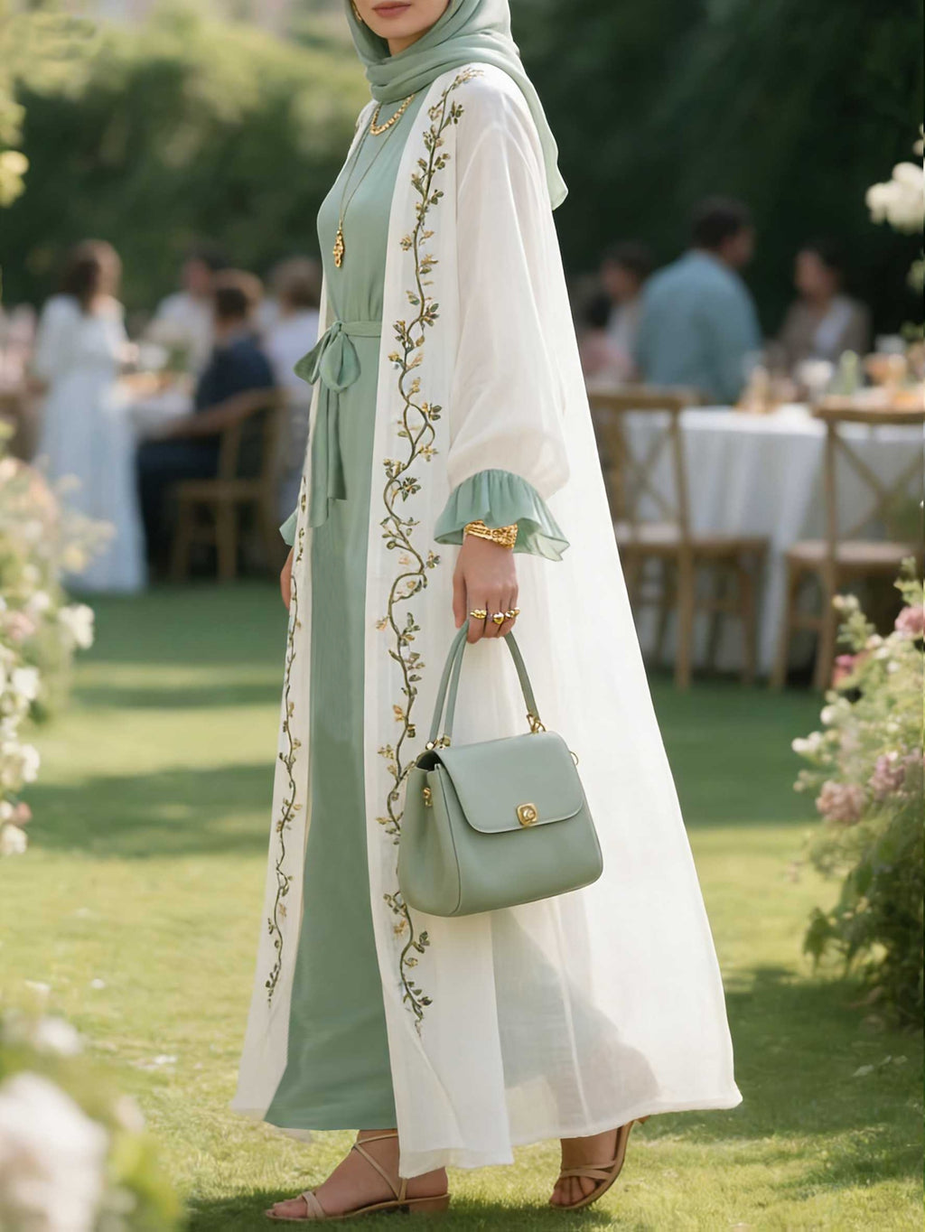 [Size for Regular Fit]Flower Printing Abaya Tie Up Maxi Dresses 2pcs Set-Green, Arab Clothing - Mint Green