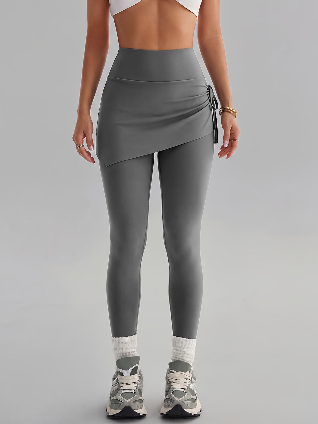 Women'S Faux Two-Piece Pants, Easter New Style Trousers, Tie-String High-Waist Pleated Design, Breathable Comfortable Fabric, Suitable for Cycling, Fitness - Space Gray