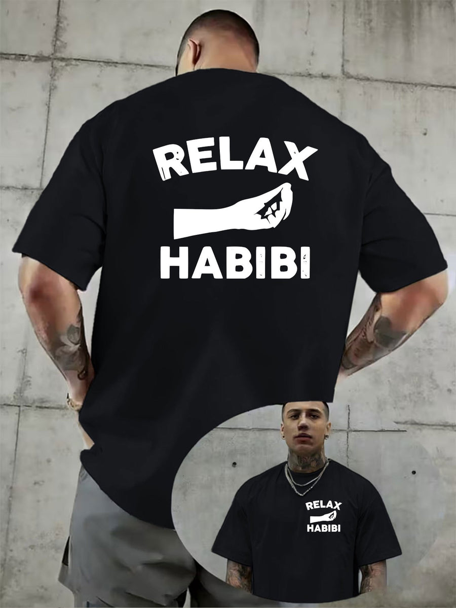 Creative Double-Sided Pattern Print, RELAX HABIBI Fun Slogan Print T-Shirt, Bold Statement, Easy, Summer Men'S Casual Short Sleeve T-Shirt Round Neck Top, Knit Fabric, Fresh And Comfortable - Black