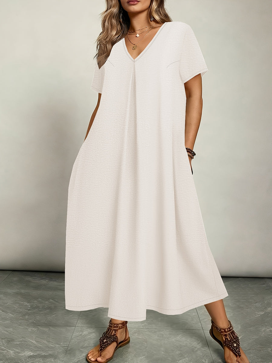 Plus Size - Plus Size - Women'S Elegant Casual Versatile Solid Color Dress, Vacation Style, Plus Size Women'S Clothing - Apricot