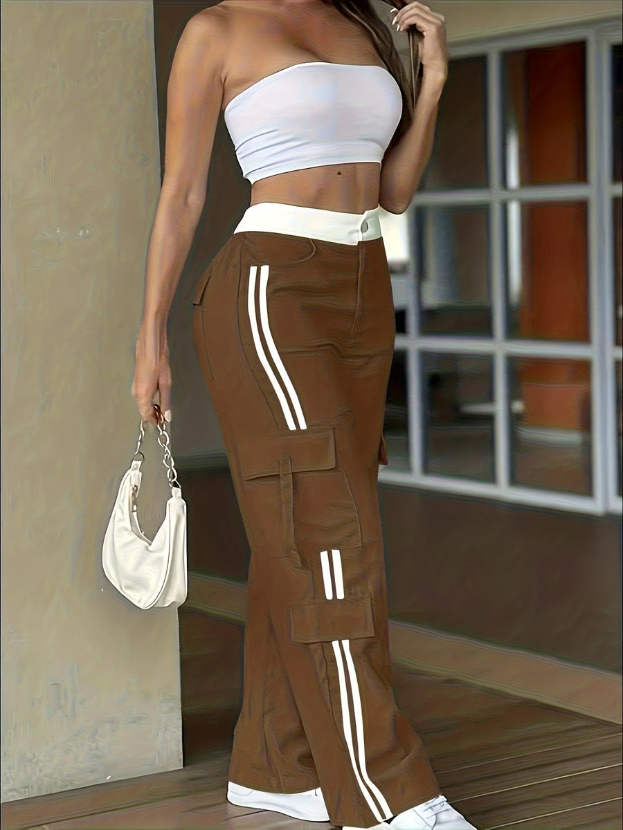 Women's Heavy-Duty Pants (Cargo Pants) with Piping Stripe & Large Cargo Pockets - Full-Length Heavy-Duty Pants for, Outdoor, Workwear - Beltless Design, All-Season Casual Wear (No  Compatible) - Attire - Coffee Brown