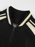 Men's Spring/Autumn Color-Block Striped Lightweight Jacket with Mesh Lining, Casual Outerwear, Outdoor Sports Baseball Jacket, Raglan Sleeve Design, Cropped Style - Black