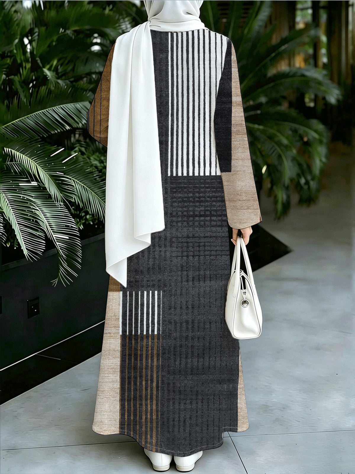 Asian Size 1pc 2D Flat Printed Design Muslim Robe Women's Khaki Grey Plaid Striped Patchwork Long Sleeve Abaya Maxi Dress Daily Commuting and Home Wear - Eid Festival Dress  Prayer, Family Gathering -Comfortable Abayas Robe Middle, 2D Flat - Multicolor 6