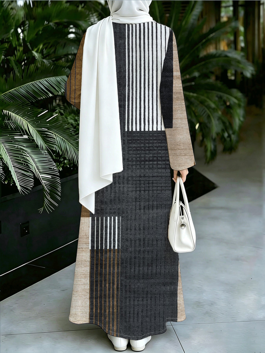 Asian Size 1pc 2D Flat Printed Design Muslim Robe Women's Khaki Grey Plaid Striped Patchwork Long Sleeve Abaya Maxi Dress Daily Commuting and Home Wear - Eid Festival Dress Prayer, Family Gathering -Comfortable Abayas Robe Middle, 2D Flat - Multicolor 6