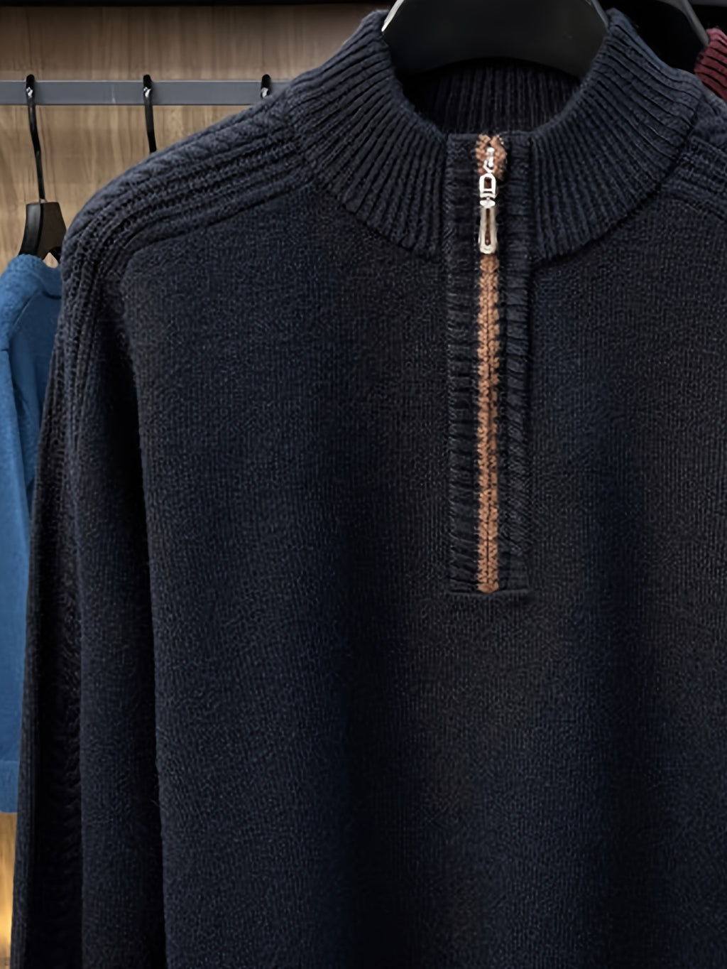 Men'S Thickened Semi-Open Zipper Stand Collar Knit Sweater, Ribbed Cuffs And Hem, Autumn/Winter Style, Single Wear And Layering, Light Mature Business Casual Style - Black
