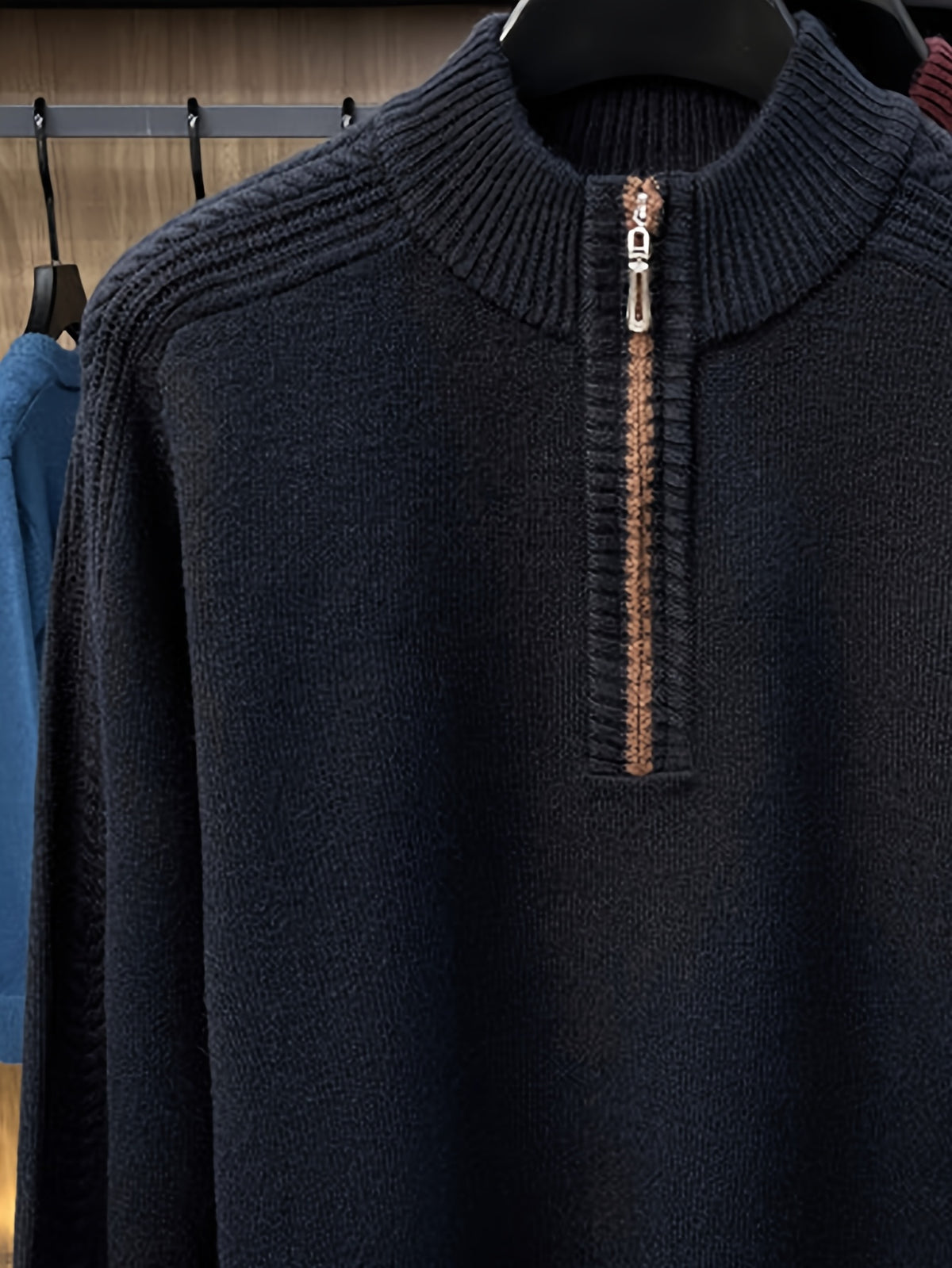 Men'S Thickened Semi-Open Zipper Stand Collar Knit Sweater, Ribbed Cuffs And Hem, Autumn/Winter Style, Single Wear And Layering, Light Mature Business Casual Style - Black