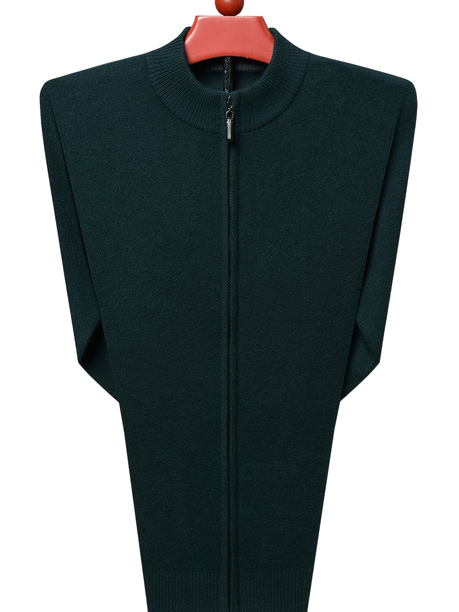 Men's Stand Collar Zipper Solid Color Knit Cardigan, Business Casual Style, Simple Solid Color, Slim Fit Not Tight, Versatile and Practical - Dark Green