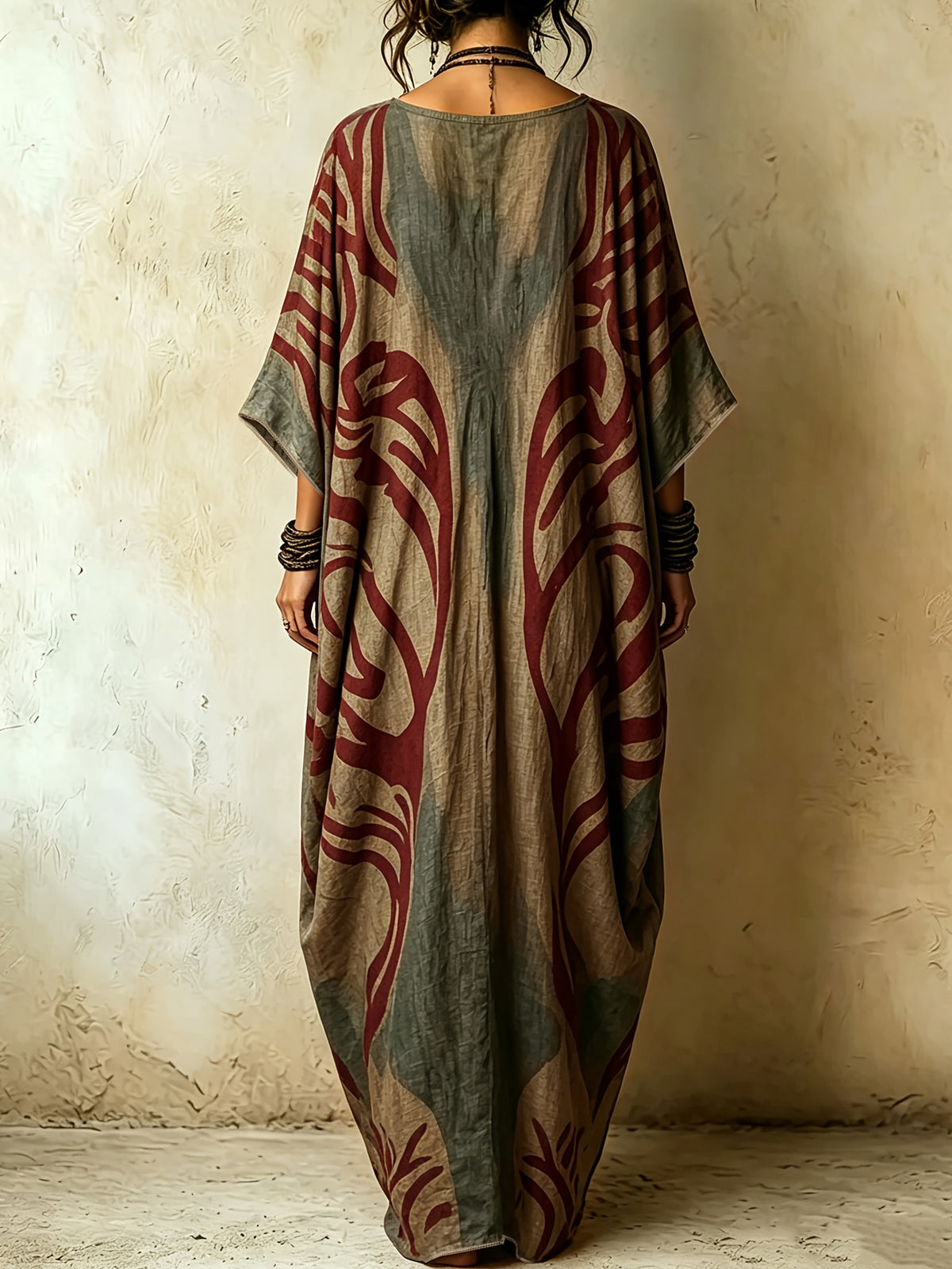 Exotic Vintage Tribal Print Oversized Kaftan Dress, Lazy Travel Photoshoot Vacation Cover-Up Long Caftan Robe - Multicolor