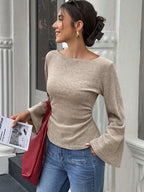 Women's Wide Collar Drop Shoulder Flare Sleeve Pleated Solid Color Top, Elegant Long Sleeve Ribbed T-Shirt, Suitable for Spring and Autumn Wear, Ideal for Casual or Formal Occasions HW915 - Apricot