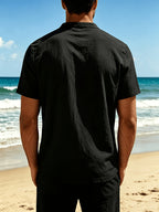 Men's Woven Short-sleeve Henley Shirt, a Breathable and Lightweight Casual Short-sleeve T-shirt Made of Solid-color Breathable Fabric with a V-neck Design, Suitable for Daily Outdoor and Beach Wear in Summer - Black