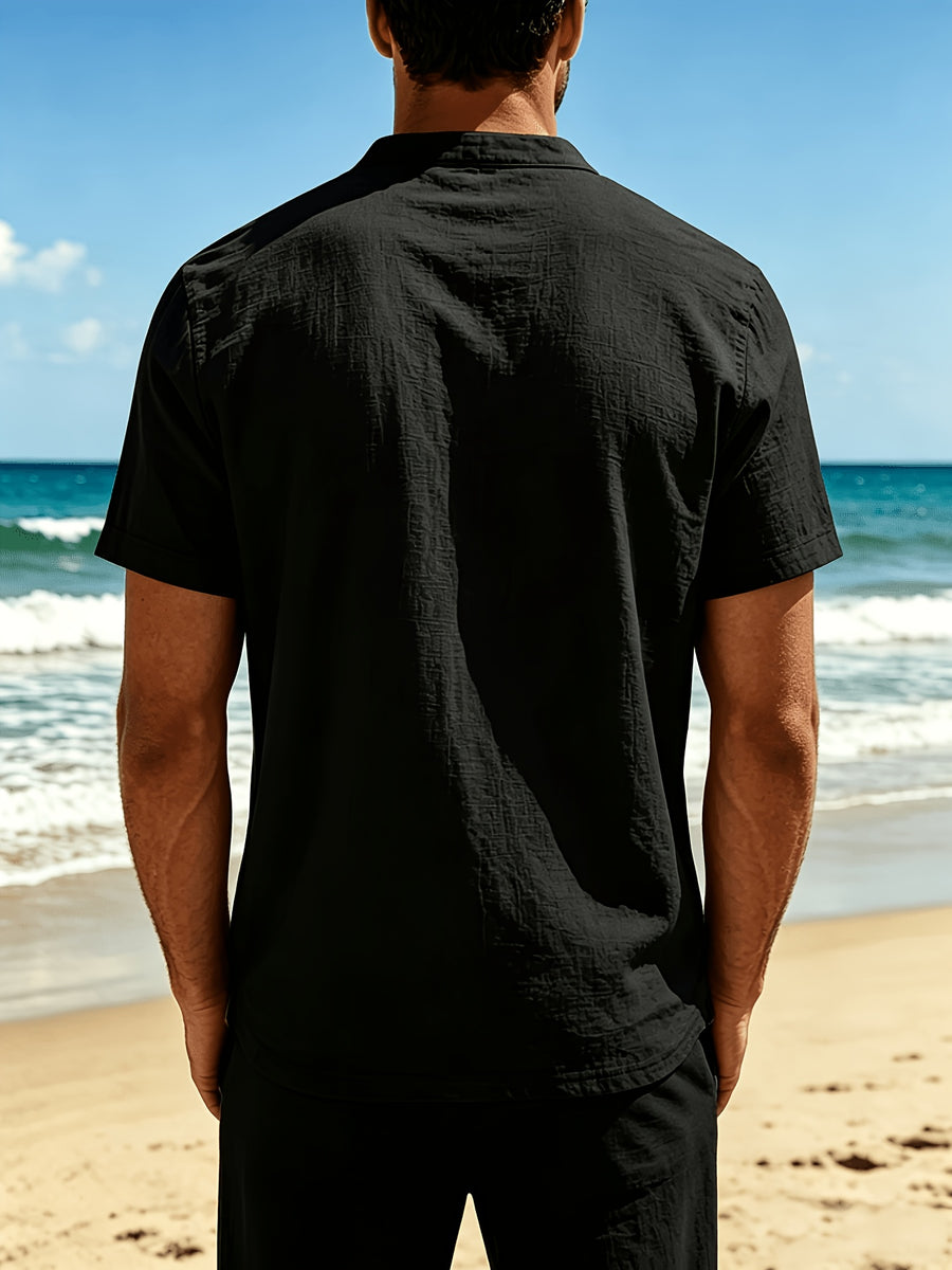 Men's Woven Short-sleeve Henley Shirt, a Breathable and Lightweight Casual Short-sleeve T-shirt Made of Solid-color Breathable Fabric with a V-neck Design, Suitable for Daily Outdoor and Beach Wear in Summer - Black