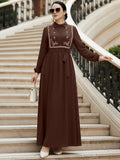 Middle Eastern Muslim Turkish Women's Elegant Solid Color Lapel Embroidered Tie-Up A-Line Abaya Gown - Coffee Color