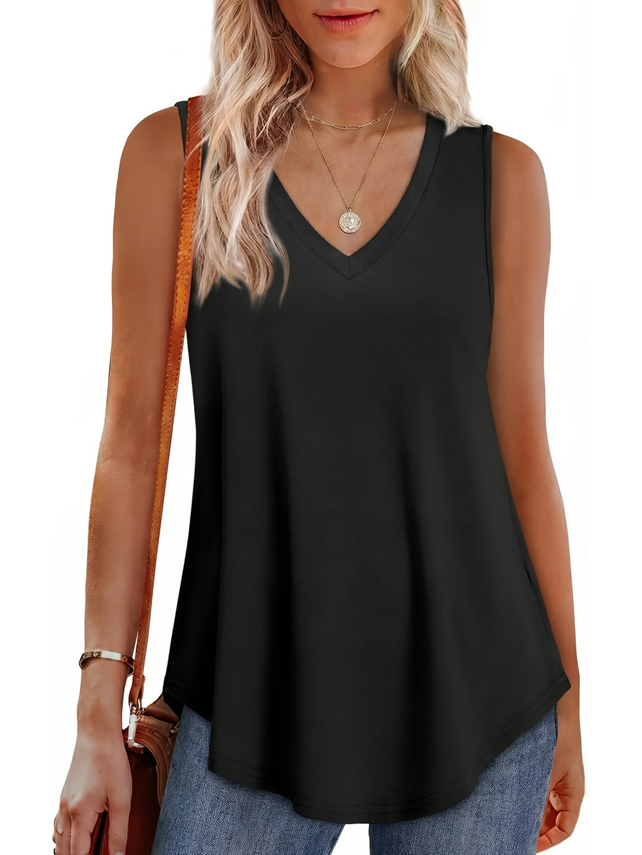 Women'S Comfortable Casual Top Elegant Loose Basic Shirt Fashion V-Neck Sleeveless Vest - Black