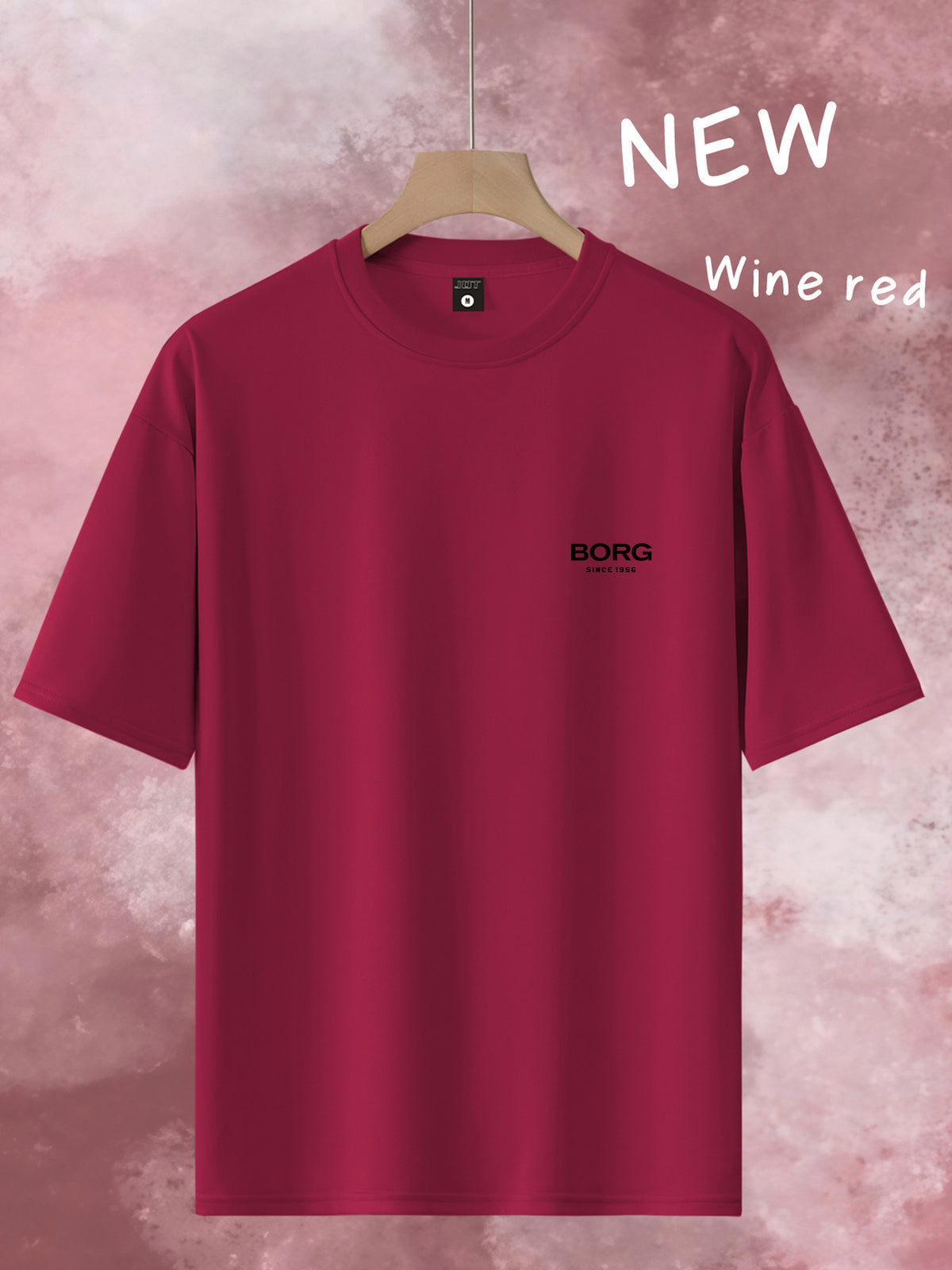 Men's Trendy Loose-Fit Crew Neck T-Shirt, Casual Daily Short-Sleeve Tee, BORG 1956 Vintage Letter Print, Simple and  Versatile Top, Suitable as a Gift - Burgundy