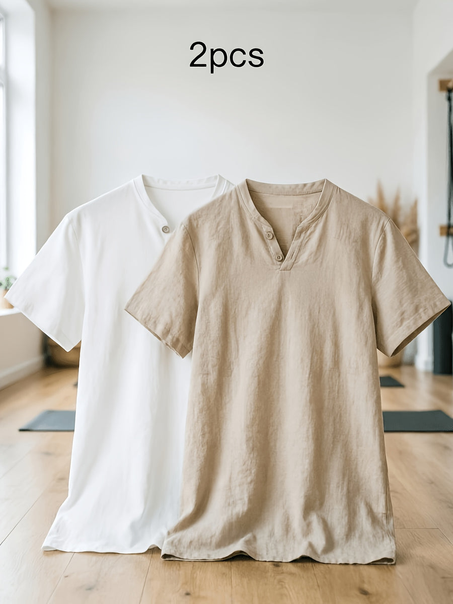 Men's Summer Linen T-Shirts 2pcs, Breathable Soft V-Neck Henley Short Sleeve Shirts, Loose Casual Beach Yoga Tops, Trendy Mens Casual Wear - White+Khaki