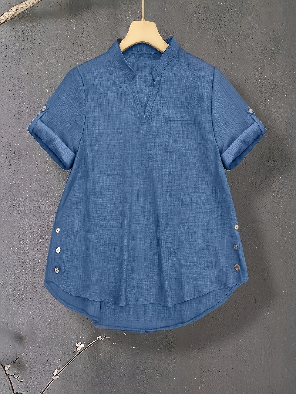 New V-neck Button-detail Short-sleeve Top with Elastic Waist and Side Slant Pockets Women's Set - Sea Blue