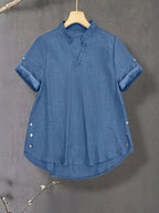 New V-neck Button-detail Short-sleeve Top with Elastic Waist and Side Slant Pockets Women's Set - Sea Blue