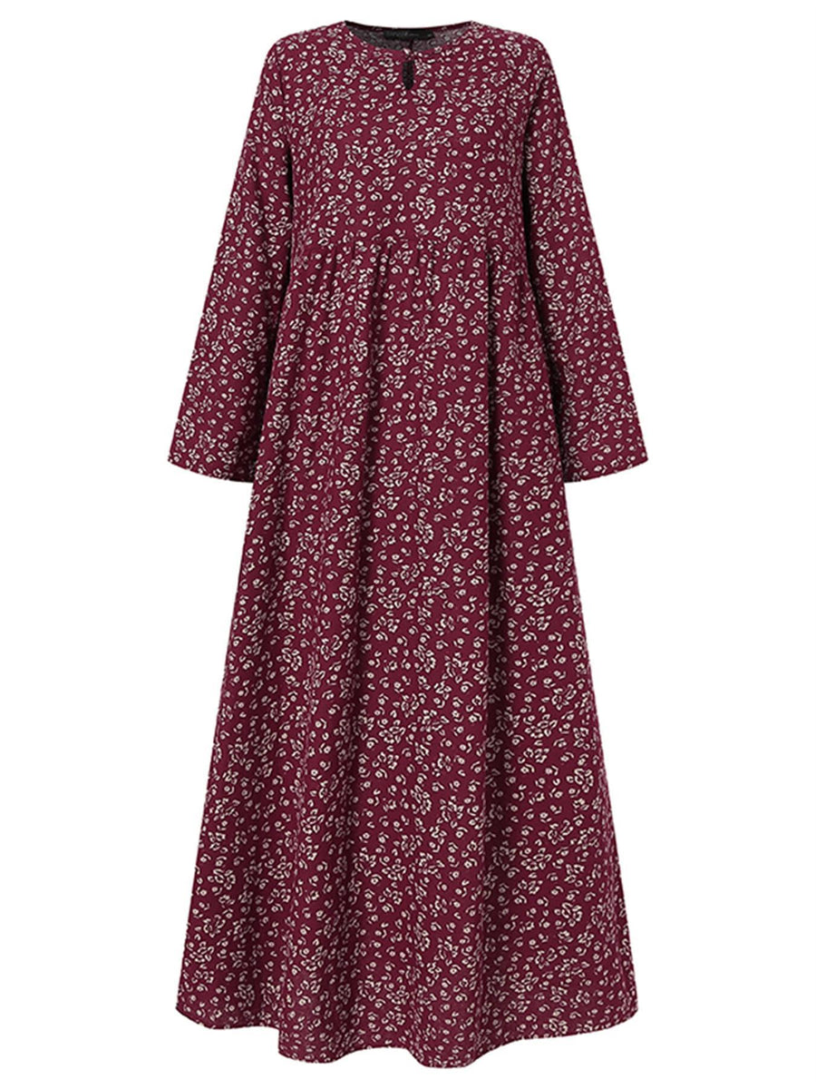 Plus Size, Plus Size Women Floral Print Maxi Dress Oversized Long Sleeve Crew Neck Vintage Holiday Casual Loose Long Dresses - Burgundy