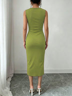 Solid Color Sleeveless Wrap V-Neck Midi Dress, Women'S Ruched Golden Button High Slit Bodycon Dress, Elegant Sheath Dress for Business Office, Party And Daily Formal Occasions - Matcha Color