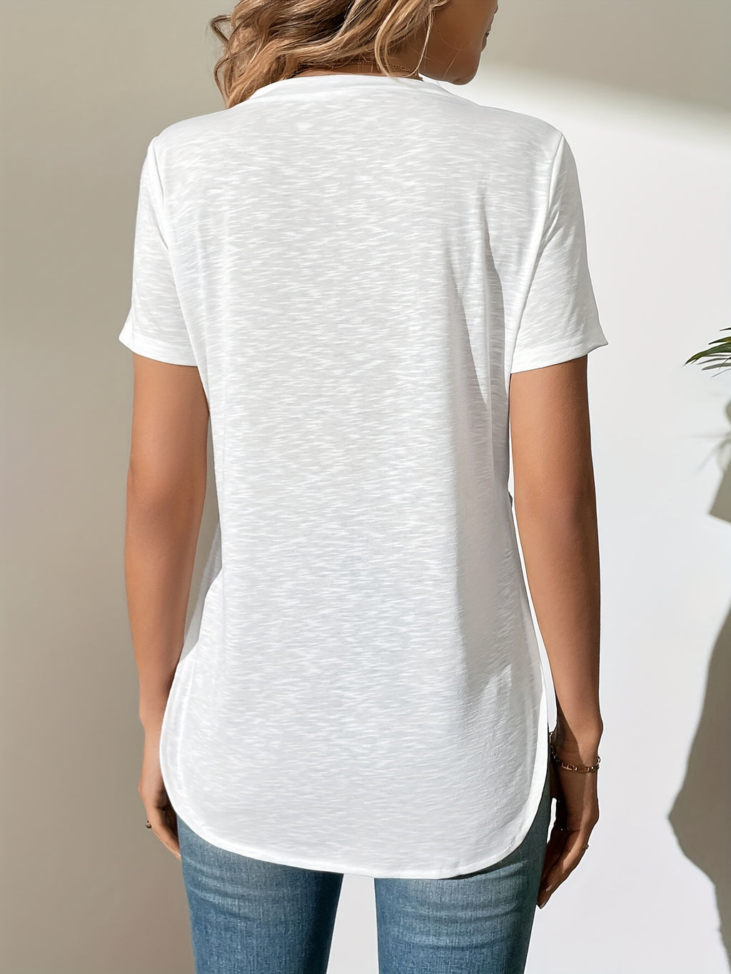 Bamboo-Section Micro-Sheer V-Neck Side-Slit Casual T-Shirt - White