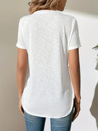 Bamboo-Section Micro-Sheer V-Neck Side-Slit Casual T-Shirt - White
