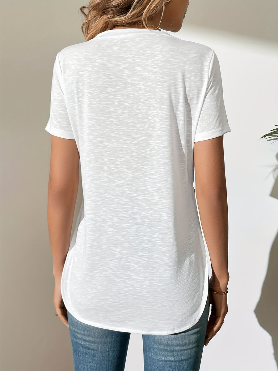 Bamboo-Section Micro-Sheer V-Neck Side-Slit Casual T-Shirt - White