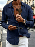 Men'S Linen Blend Long Sleeve Collared Button-Up Shirt, Casual Textured Wrinkle-Resistant Summer Top, Single Pocket Design with Adjustable Cuffs, Loose Fit Lightweight Breathable Beach Linen Shirt, V-Neck Relaxed Casual Shirt, Suitable for Vacation - Navy Color