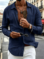 Men'S Linen Blend Long Sleeve Collared Button-Up Shirt, Casual Textured Wrinkle-Resistant Summer Top, Single Pocket Design with Adjustable Cuffs, Loose Fit Lightweight Breathable Beach Linen Shirt, V-Neck Relaxed Casual Shirt, Suitable for Vacation - Navy Color