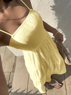 Textured Fabric, Ruched Elastic Waist, Sleeveless Dress, Loose-fitting Effect, Vacation Style - Bright Yellow