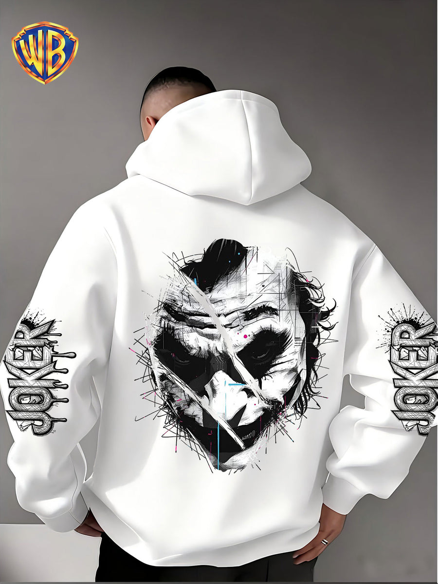 Dark and Edgy Style Hooded Sweatshirt, Featuring a Reimagined Clown Portrait Print with a Graffiti-like Texture That Exudes a Street Vibe. Packed with Streetwear Brand Attributes, It Unleashes a Free-spirited Aura and Is Unisex for Both Men and Women - White