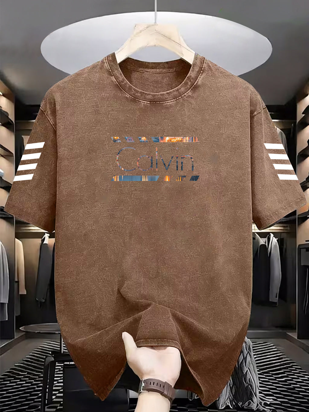 Men'S New Arrival Washed Casual Art Letter Print T-Shirt - Geometric Pattern Retro Washed Vintage Short Sleeve Round Neck T-Shirt, Suitable for Everyday Versatile Retro Style, Men'S Wear - Coffee Brown