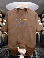 Men'S New Arrival Washed Casual Art Letter Print T-Shirt - Geometric Pattern Retro Washed Vintage Short Sleeve Round Neck T-Shirt, Suitable for Everyday Versatile Retro Style, Men'S Wear - Coffee Brown