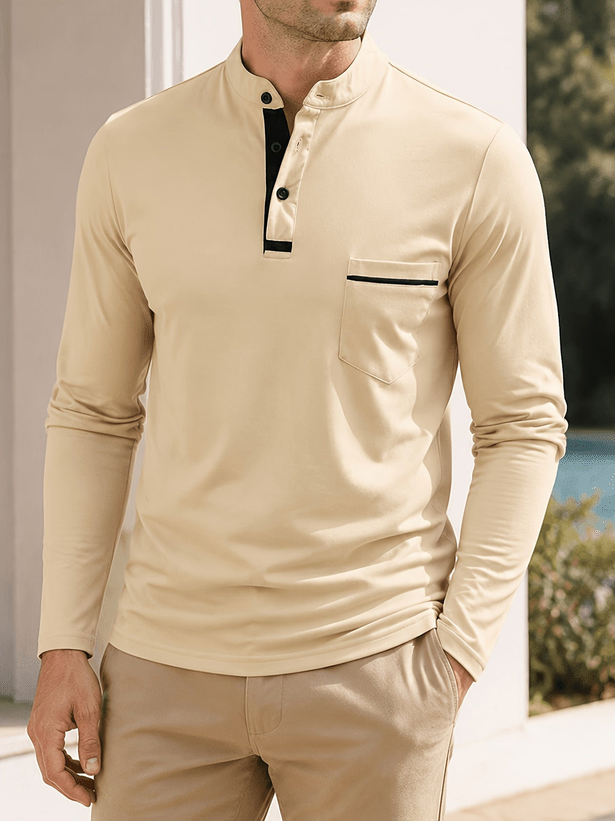 2pcs Men's Stand Collar Long Sleeve Henley Shirt, Casual Half-Button T-Shirt with Pockets, Lightweight and Breathable Stand Collar Pullover Top, Suitable for Daily, Office, and Outdoor Scenes - Khaki + Black
