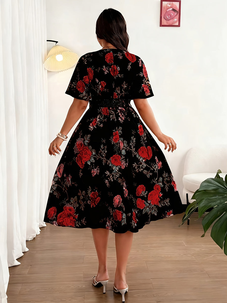 Plus Size - Summer Women'S Plus Size Women'S Summer Fashion Elegant Temperament Bohemian Floral Print Mid-Length Short-Sleeved Head Set V-Neck Loose Elastic Waist Lotus Leaf Sleeves Suitable for Vacation, Weddings, Formal Occasions, Festivals - Mixed colors