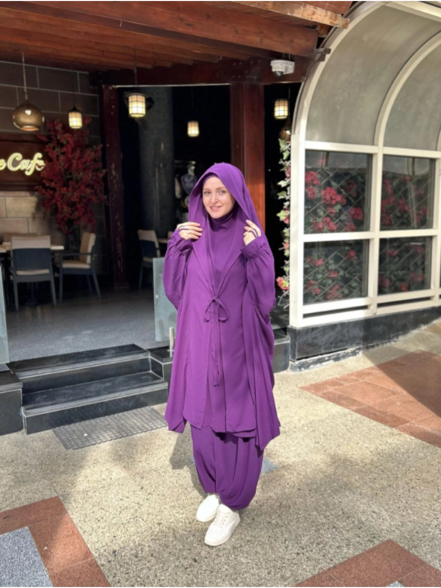 New Women's Middle Eastern Dubai Turkish Abaya Headscarf Matching S Casual Pants Set P303 - Violet