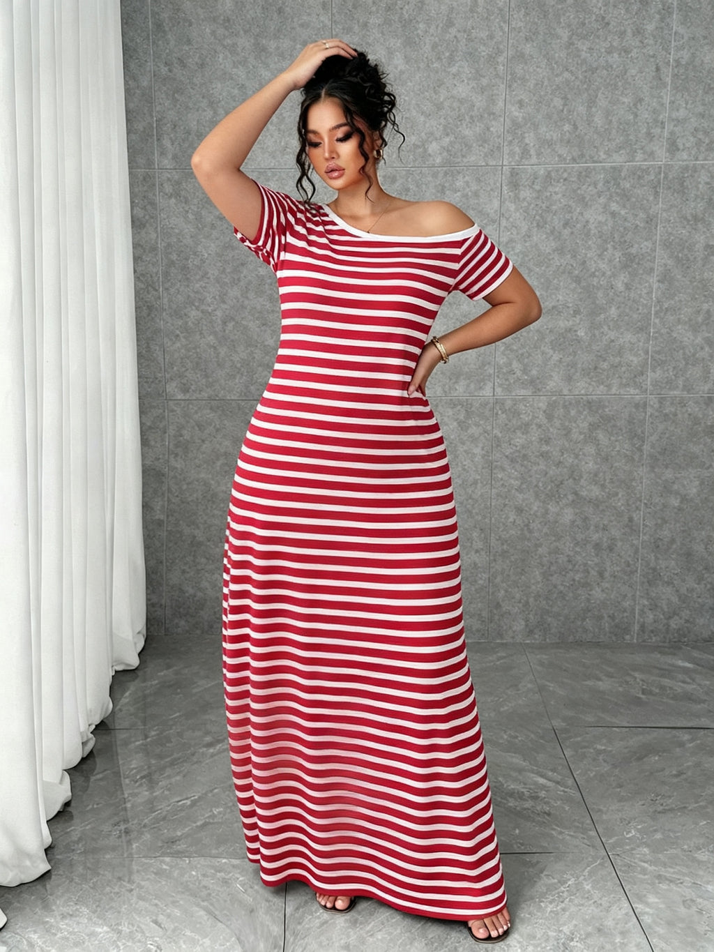Women'S Plus Size Nightgown, One-Shoulder Striped Print, Wearable for Beach Vacation, Summer Dress - Red