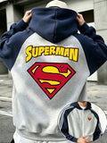 Street Fashion Style New Autumn Winter Men'S Sweatshirt Hooded Jacket Top with "Superman" Classic Logo Shield Design, Blue-Gray Striped Sleeve, Loose Fit, Men'S Apparel - Light Twist Gray