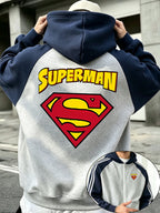 Street Fashion Style New Autumn Winter Men'S Sweatshirt Hooded Jacket Top with "Superman" Classic Logo Shield Design, Blue-Gray Striped Sleeve, Loose Fit, Men'S Apparel - Light Twist Gray
