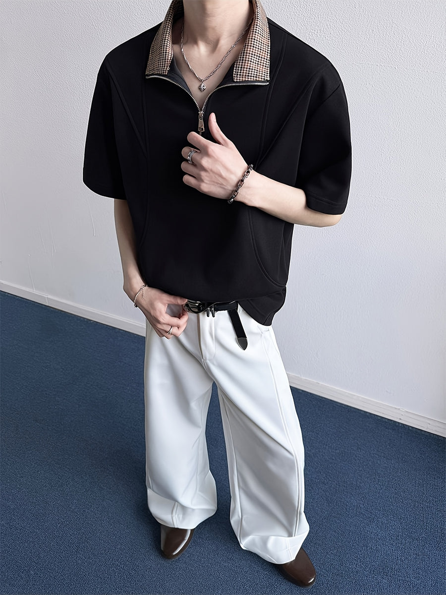 Men's Plaid Patchwork Lapel Half-Zip Short-Sleeve T-Shirt, Summer Loose Fit Casual Premium Polo Shirt - Black