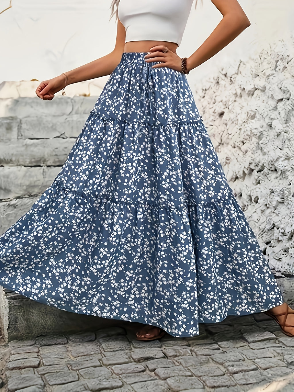 Multi-layer Ruffled Elegant Drawstring Floral Print Spring-summer Three-tier Cake Skirt - Multicolor