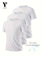 3pcs Men's Ultra-Light White T-Shirts - Quick Dry, Breathable & Sweat-Wicking for Gym, Running & Fitness | Comfortable Polyester Crew Neck Tees - 3pcs White