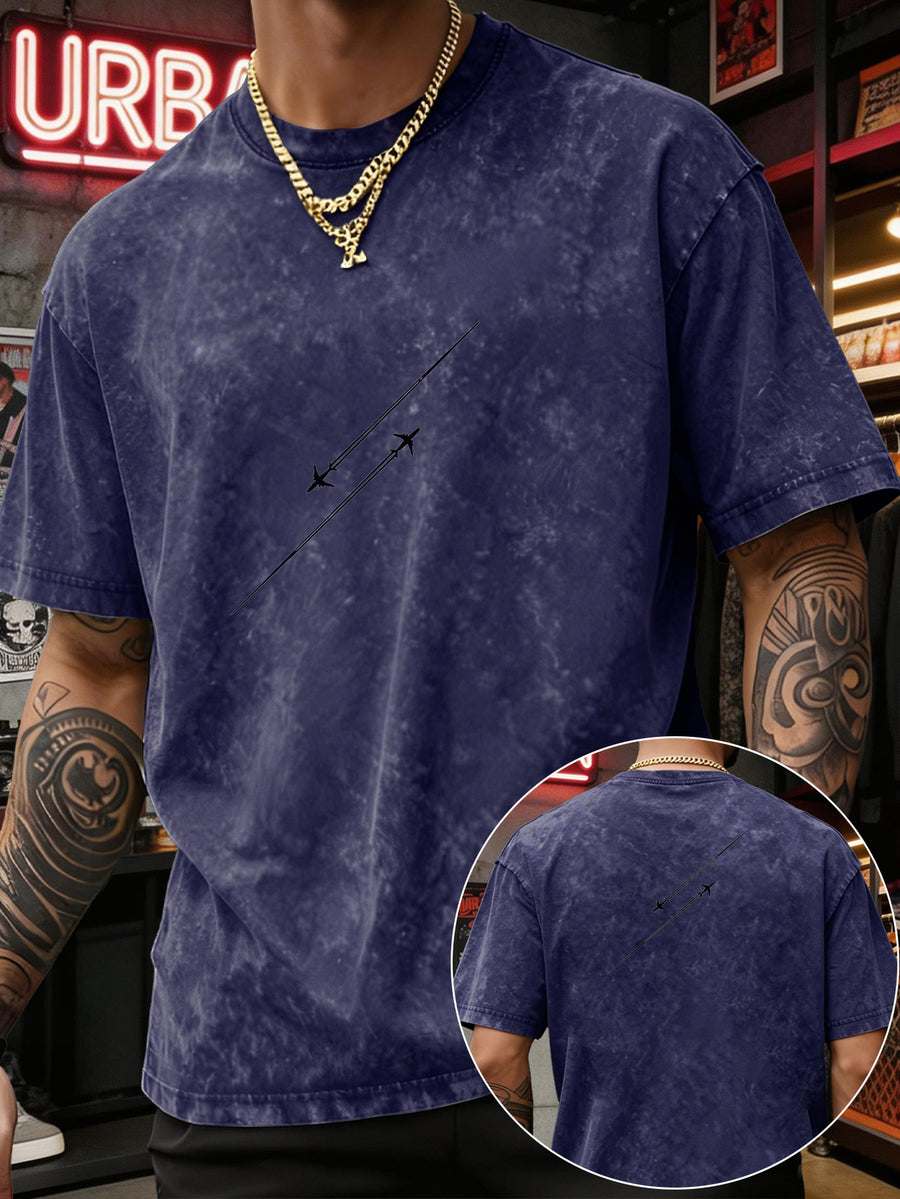 Men'S Heavyweight Washed T-Shirt Minimalist Airplane Line Art Print High Street Vintage Distressed Tee 2026 Summer Casual Urban Wear - Royal Blue