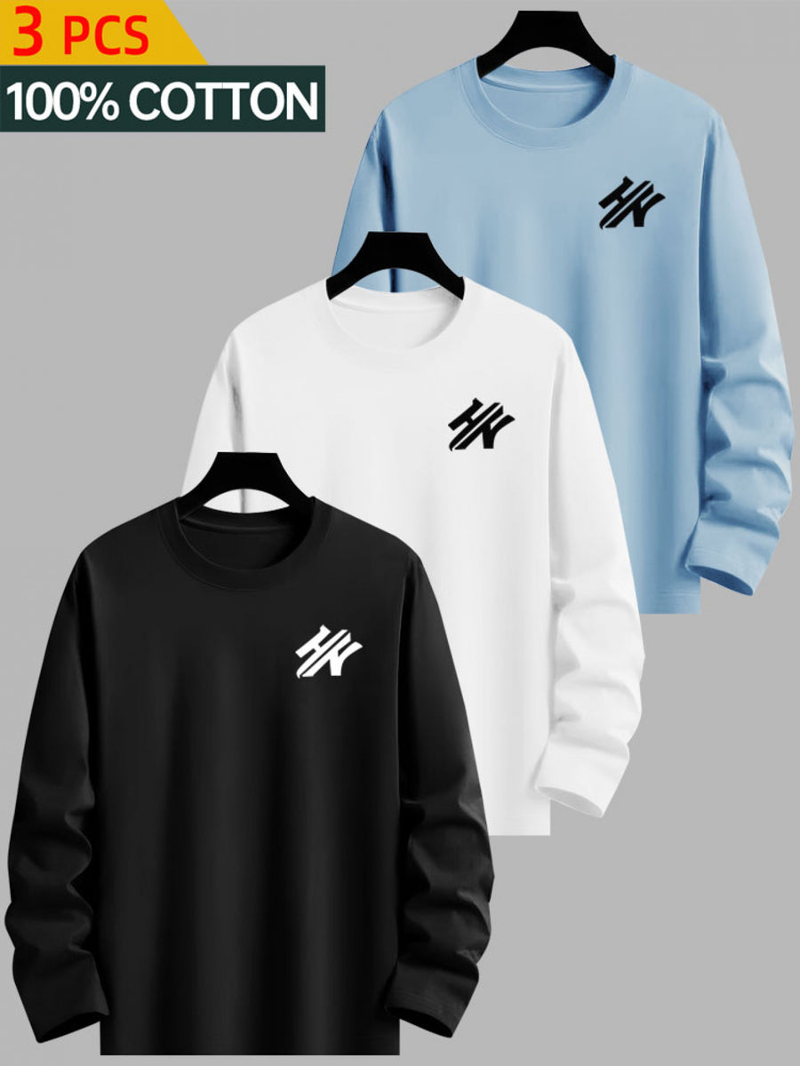 3-Pc - 100%, Men'S Long Sleeve T-Shirt for Spring And Autumn, Creative Print Pattern, Black/White/Blue/Gray - Color, Fabric Wear, Comfortable And Suitable As a Holiday Gift - Combination Color 1