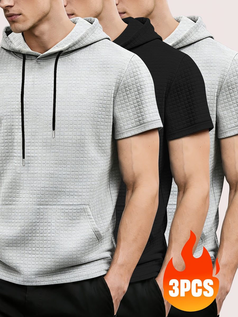 3pcs Men's Waffle Knit Short Sleeve Hoodie with Kangaroo Pocket, Soft and Breathable Fabric, Multiple Color Options, Versatile for Daily Wear, Simple and Stylish Casual Sportswear, Suitable as Matching Family Outfits, Great Choice for Gifts - Gray+black+gray