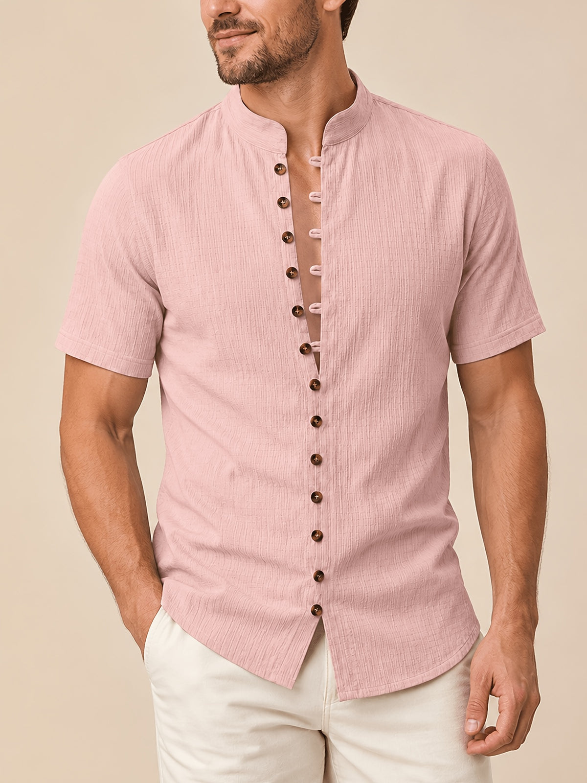 [Pearson Obm] 3pcs Men'S Mandarin Collar Multi Button Shirts Textured Lightweight Breathable Slim Fit Casual Tops Vintage Style for Summer Beach Vacation Travel And Daily Wear - Pink+khaki+white