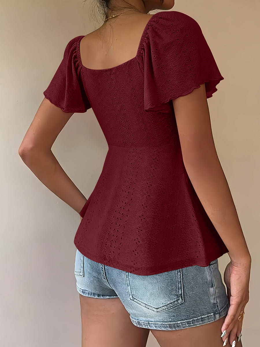 Fashionable and Elegant Spring/Summer New Arrival Y2K Solid Color Jacquard Comfortable and Breathable V-Neck Drawstring Short Sleeve Top Women's T-Shirt - Burgundy