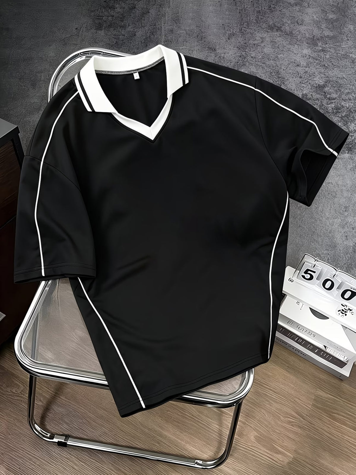 Men's Outdoor Casual V-Neck Polo Shirt, Wear-Resistant Jersey Fabric, Suitable for Outings, Walks, and Ball Activities - Black