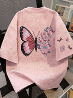 Women' Vintage Batik T-Shirt - Butterfly & Floral Print Short-Sleeve -Fit Top | Non- Suitable for Spring/Summer Casual Wear | Machine Washable Loose Boyfriend Shirt with Batik (No Transparency) - Pink